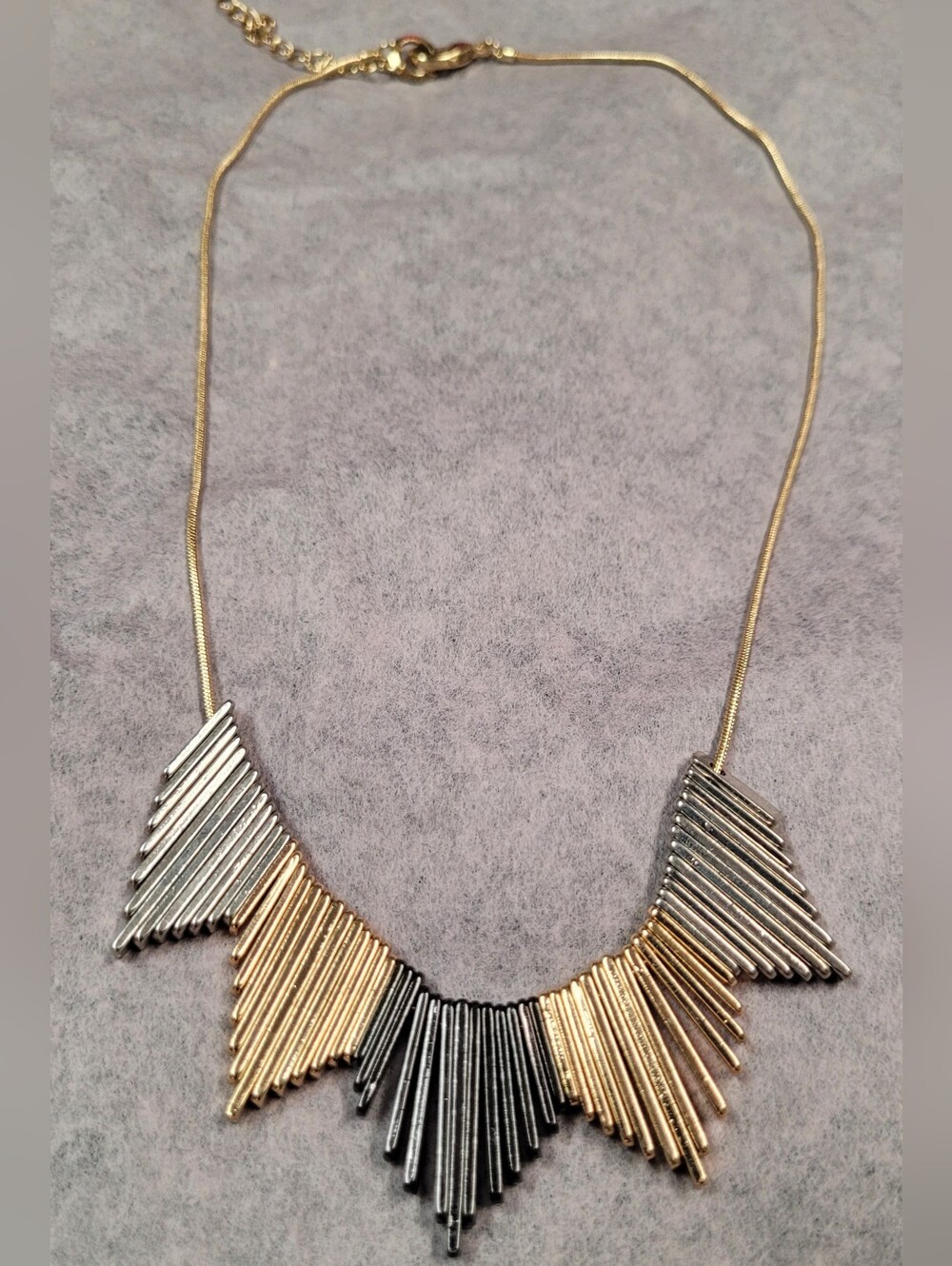 Tri-Tone Fringe Statement Necklace - Gold, Silver, Black